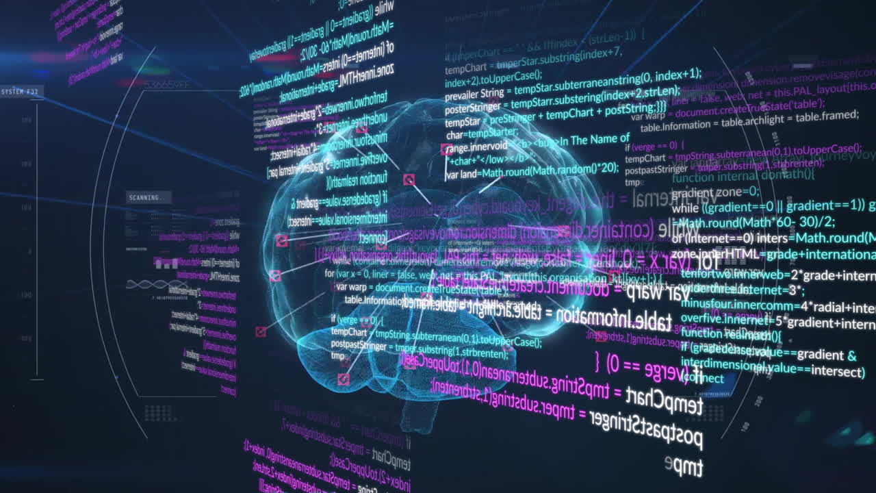 어두운 배경 위에서 인간의 뇌와 데이터 처리의 애니메이션