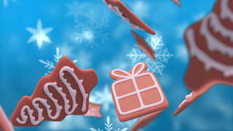 animación de galletas de pan de jengibre de navidad sobre copos de nieve que caen sobre un fondo azul.