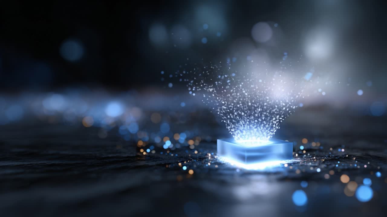 A Brilliant Display of Sparkling Light Emanating from a Transparent Cubic Object on a Dark Surface Surrounded by Shimmering Particles and Brightness