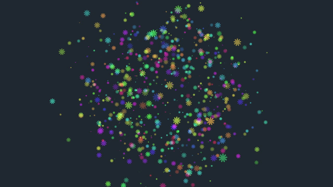 생동감 넘치는 떠다니는 점들은 어두운 배경에 대칭적인 원형 패턴을 만니다.