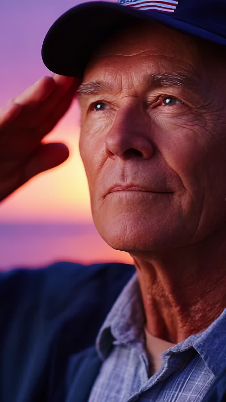 A thoughtful older man saluting against a colorful sunset, showcasing reflection, respect, and the beauty of a serene moment in nature