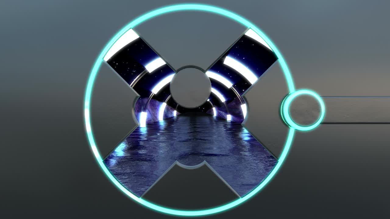la escotilla metálica con luces de neón abre una vista panorámica a la escena del paisaje alienígena. fondo abstracto 3d de corredor de ciencia ficción. tecnología futurista vj para títulos tecnológicos y fondo.