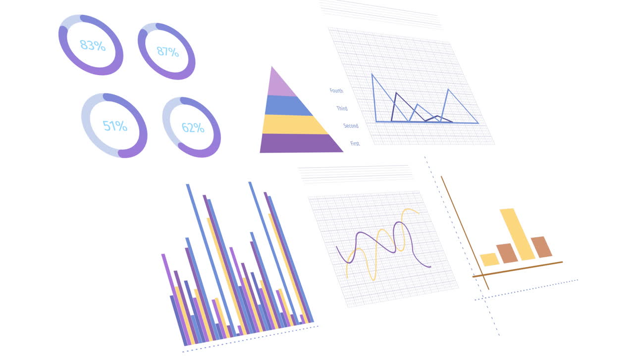 Animation of statistics, graphs and financial data processing over white background