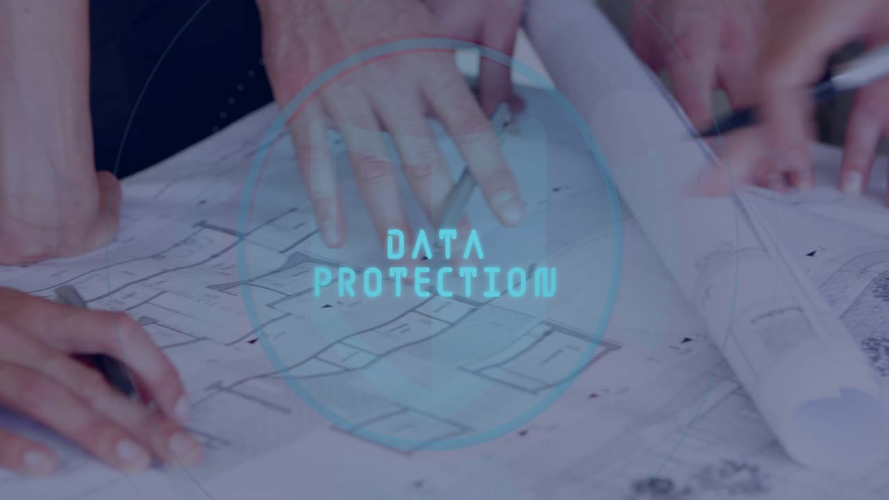 Placing hands on plan, HUD expanding, pulsing, pen tracing areas for data protection decision