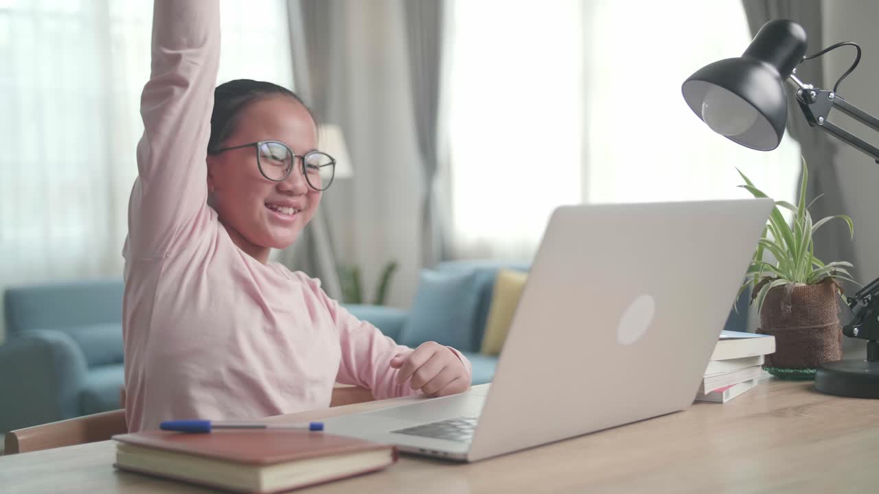 Young Asia Girl Student Celebrating With Laptop Computer At Home, Teenage Girl Learning Online From Laptop