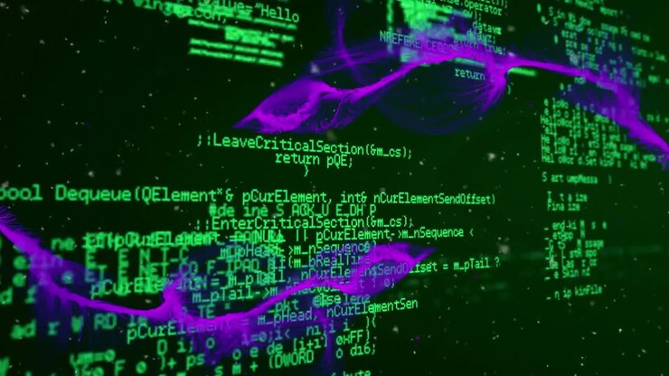 Animation of computer and scientific data processing on black background