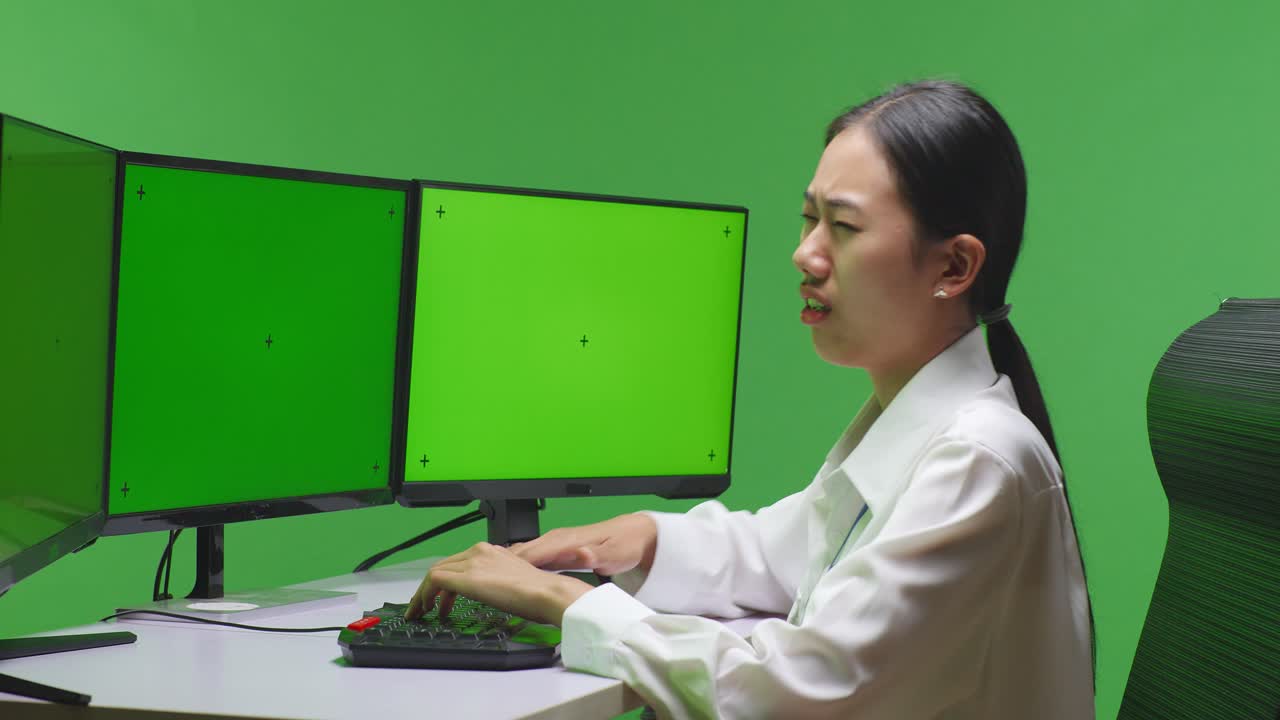 mujer trabajando en una computadora con monitores de pantalla verde