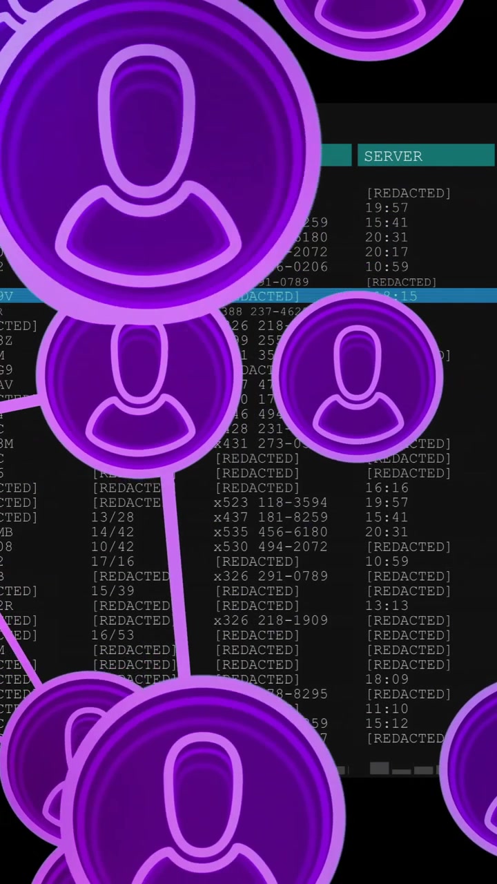 Network of user icons animation over computer code and data table