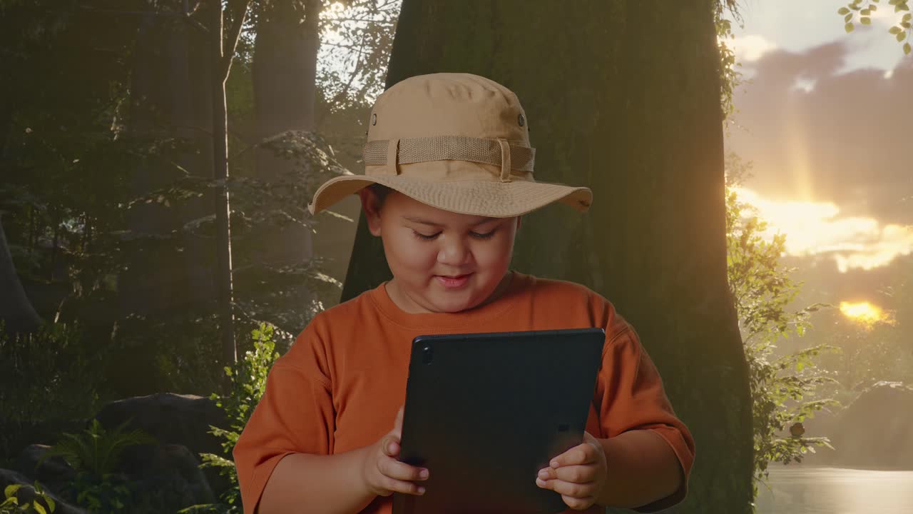 태블릿을 쓰고 웃는 모자를 입은 아시아 소년은 숲의 자연을 탐구하는 동안 소년 연구자는 무언가를 조사합니다. 여행, 관광, 모험 개념, 근접