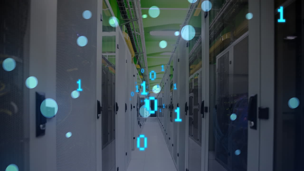 Animation of binary codes and falling lens flares over server room in background
