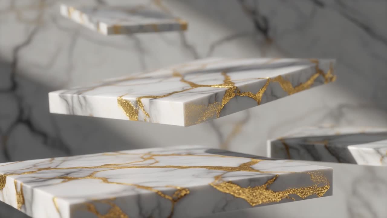 Eleganti piattaforme fluttuanti in marmo con motivo Kintsugi dorato