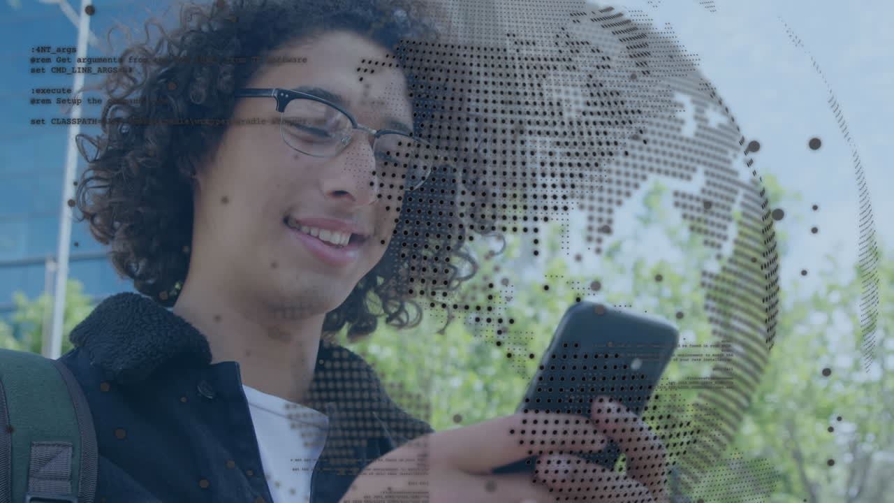 animación de interfaz digital sobre hombres biraciales que usan teléfonos inteligentes