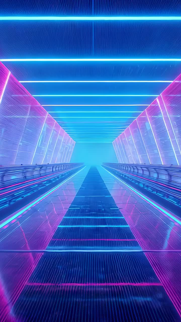 Vertical video: Gliding camera moving through neon tunnel after static frame, with magenta panels