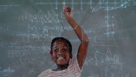 schoolchild raising his hand with mathematical information 4k