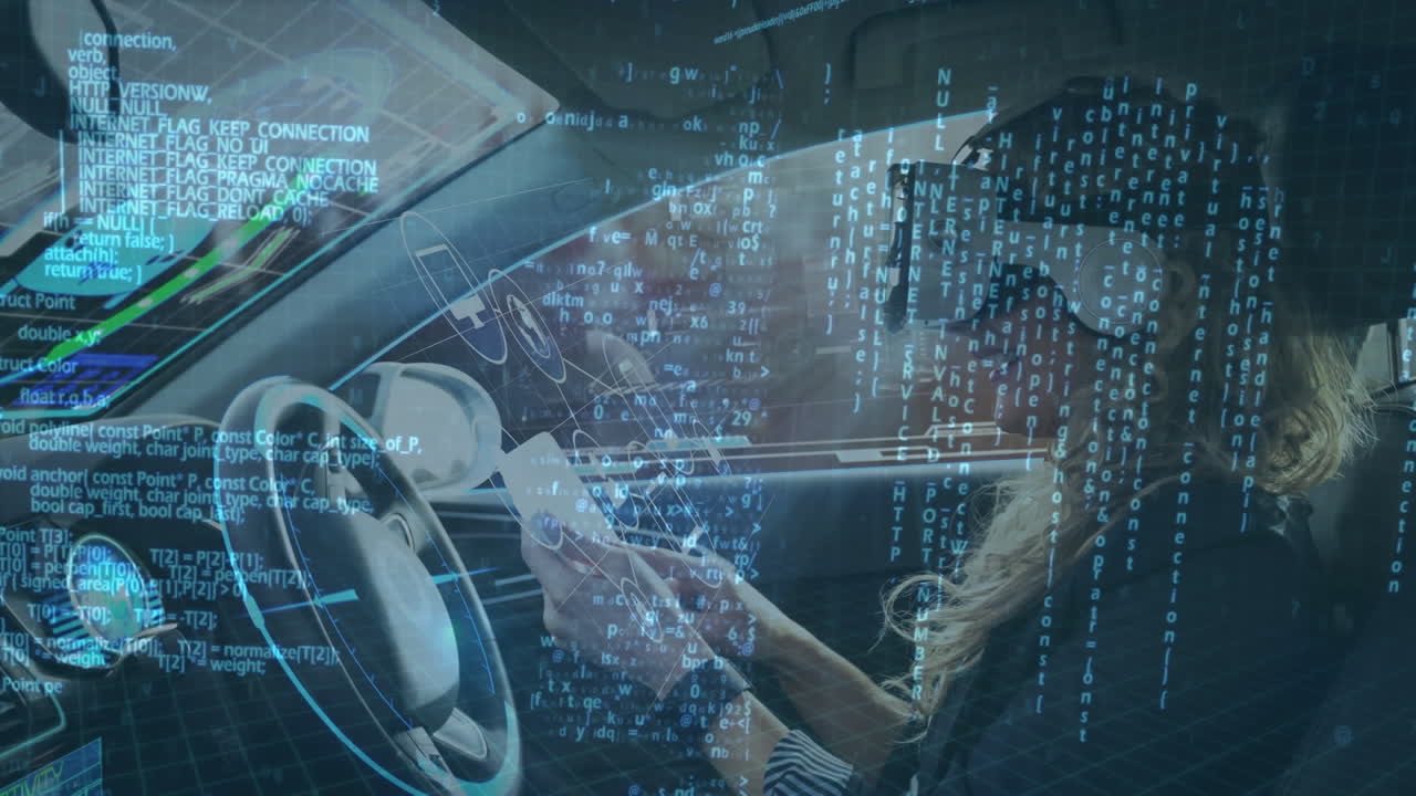animación de pantallas de información con mujer en auriculares vr usando teléfono inteligente en coche de conducción autónoma