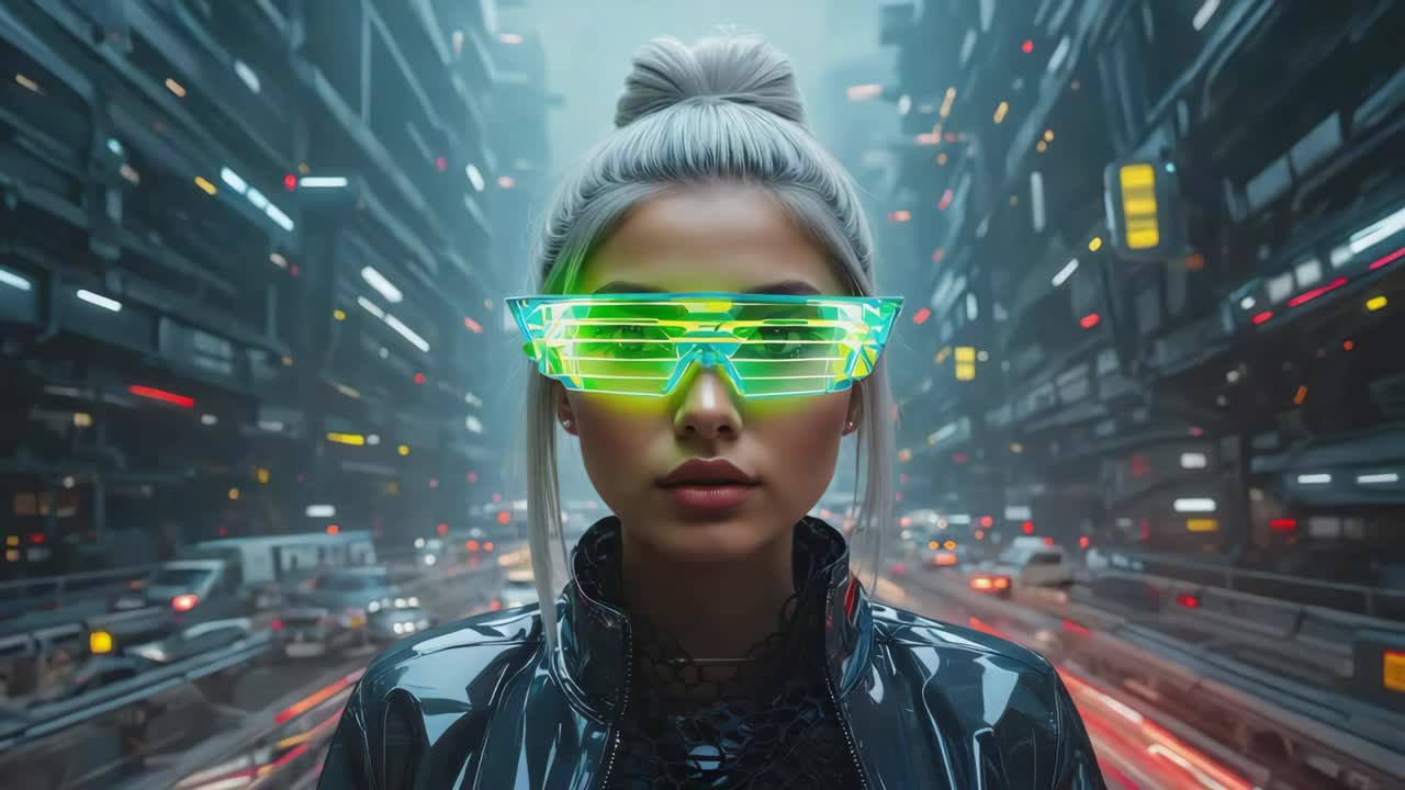 Futuristic woman in cyberpunk city