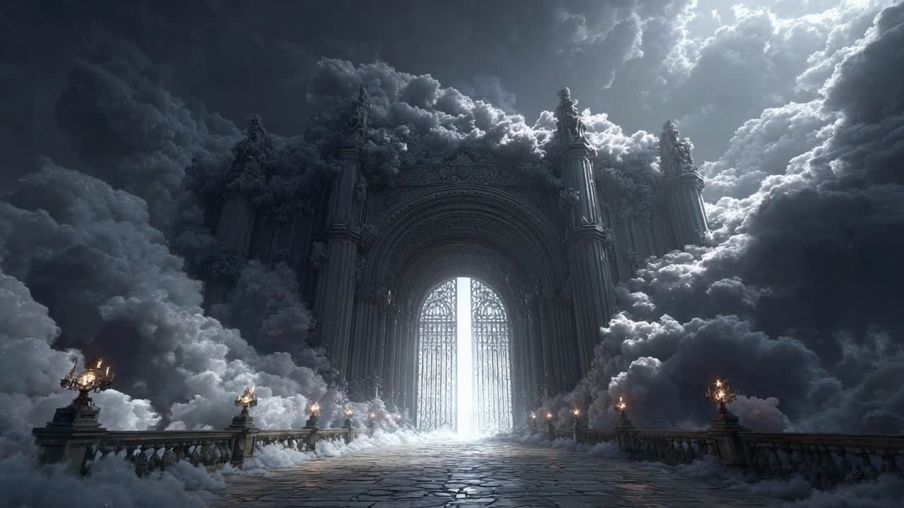 An Enigmatic Entrance: This Stunning Visual Captures a Majestic Gateway Framed by Ethereal Clouds, Evoking a Sense of Mystery and Wonder in an Otherworldly Landscape