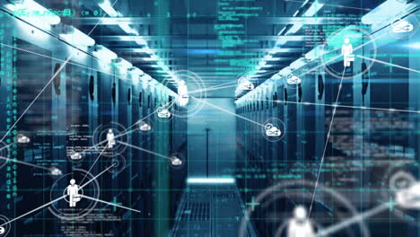 animation of network of connections with icons over computer servers