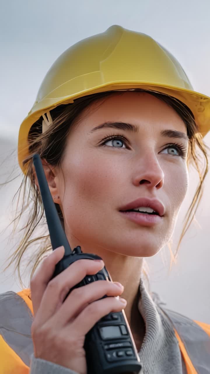Operaio edile concentrato con cappello giallo che usa un walkie-talkie in cantiere, che rappresenta una forte leadership e capacità di comunicazione in un ambiente professionale