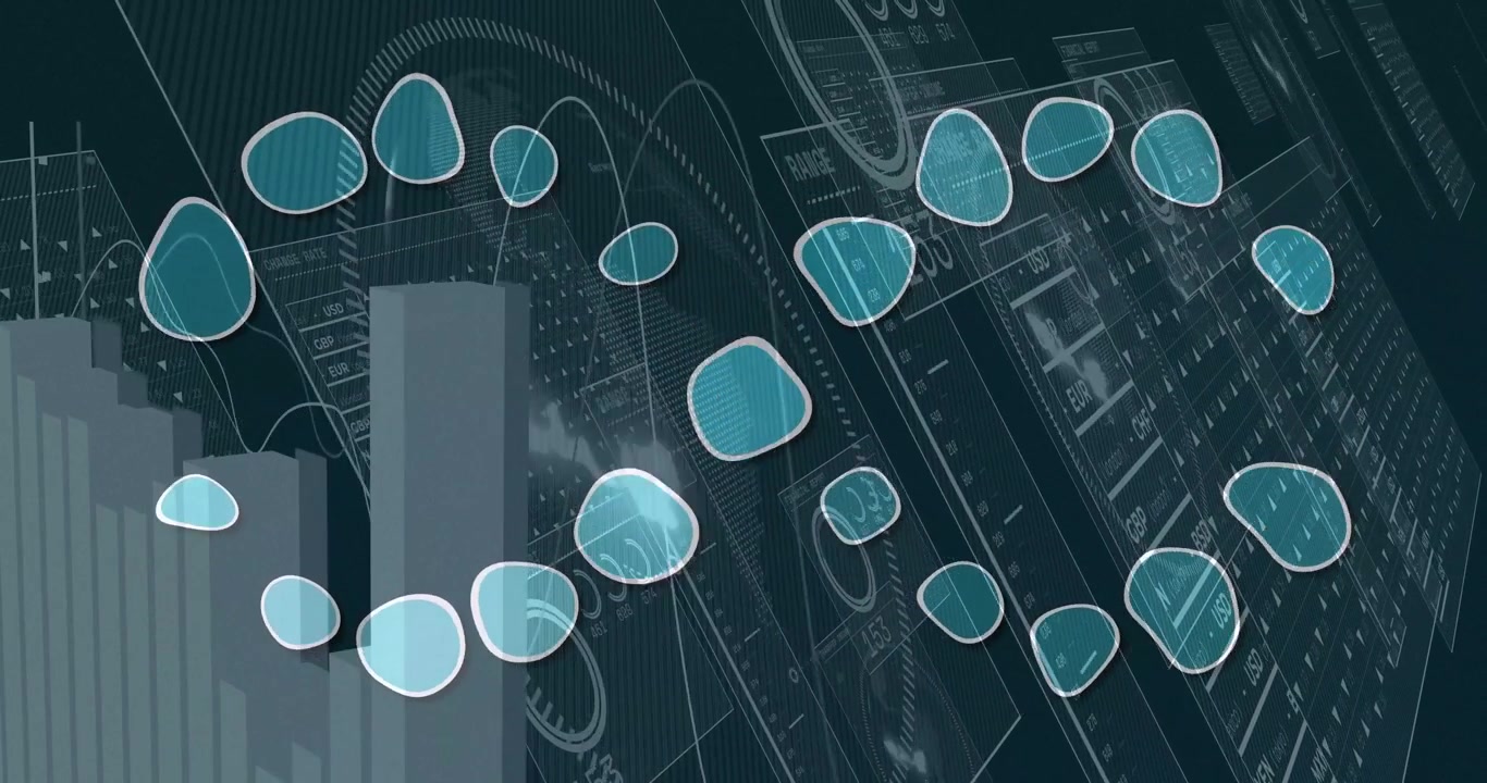 Horizontal chain of turquoise nodes flowing across dark interface, presenting data charts and maps