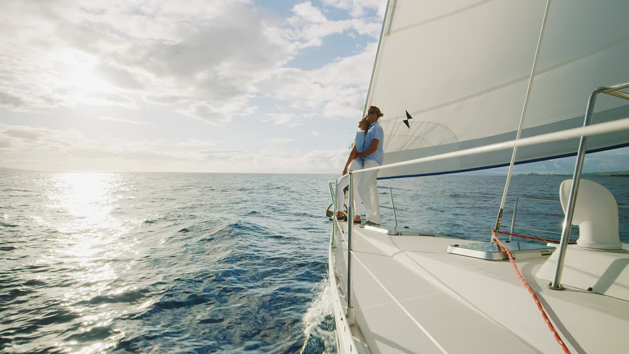 una pareja navegando hacia la puesta de sol.
