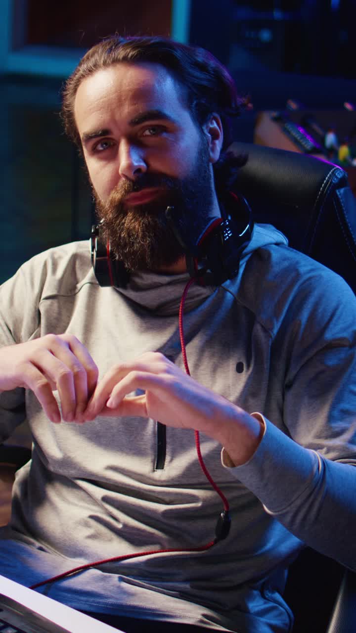 Creator di contenuti video verticali che si toglie le cuffie dopo un'intensa sessione di gioco e chatta con il pubblico