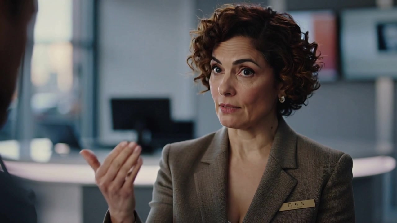 Personale della reception che risponde a una domanda, portando la mano al petto e gesticolando verso la scrivania, in blazer e con badge identificativo