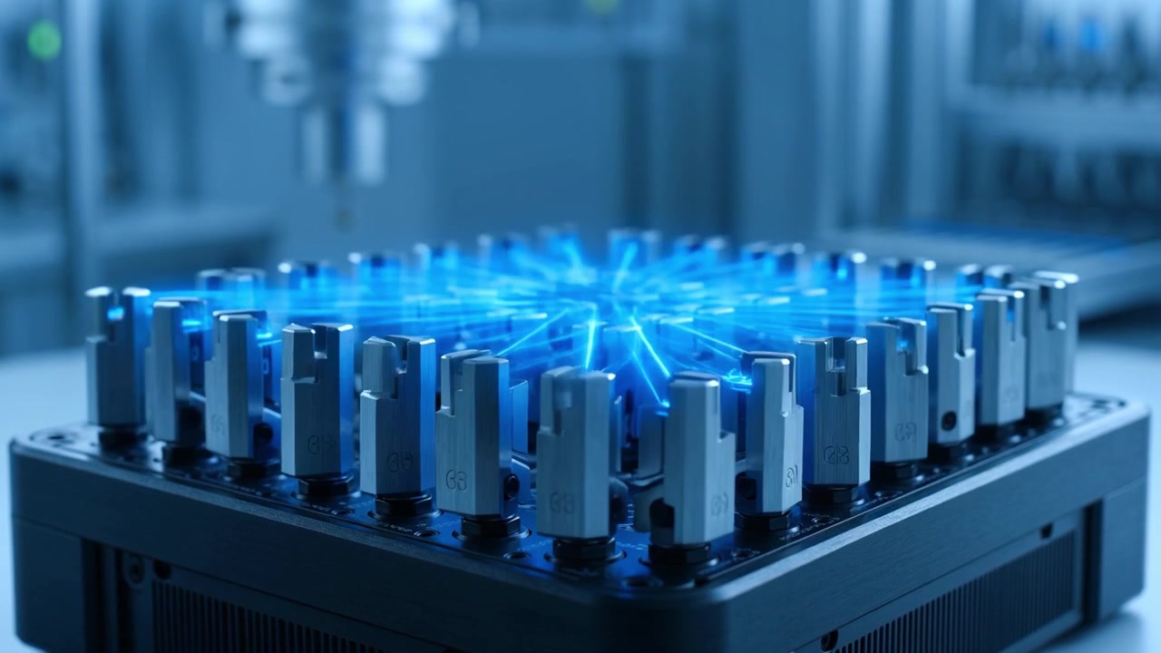 Blue Light Beams Connecting Modules in a High-Tech Network System