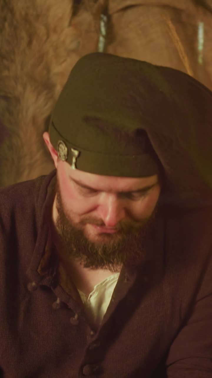 el camarero barbudo mira sarcásticamente a los huéspedes en la taberna. el sirviente enano expresa su incredulidad en la solvencia del cliente en la posada medieval. rutinaria de la posada