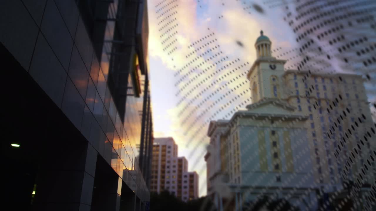 도시 풍경 위의 데이터 처리 애니메이션