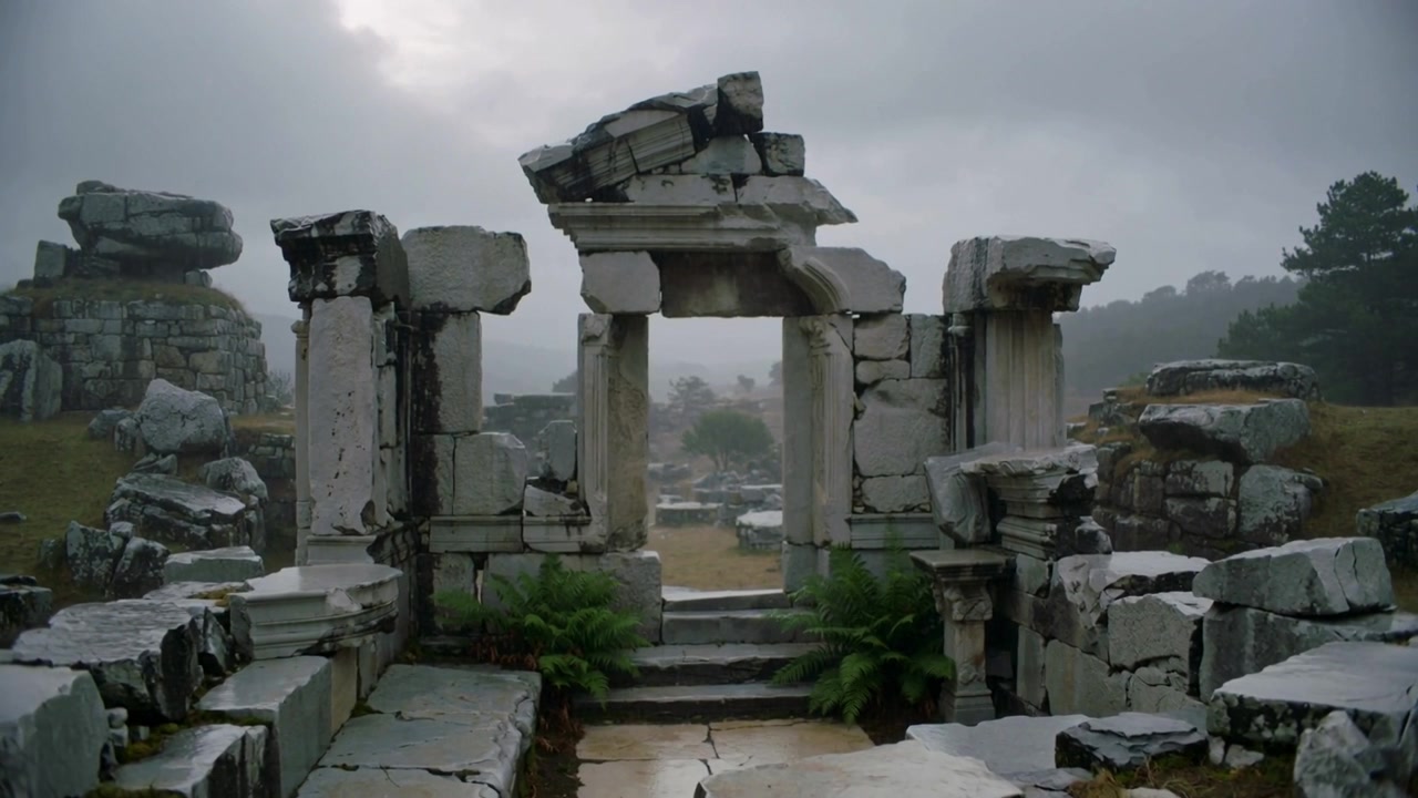 Telecamera che si allontana rivelando un arco in rovina su un'altura erbosa, mettendo in risalto pietre umide e nebbia che sale