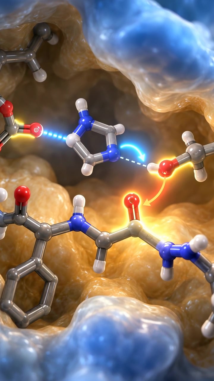 Vista ravvicinata che avanza verso molecole a sfera e bastoncino circondate da superfici molecolari blu tenue e ambra, mentre collegamenti blu luminosi e frecce arancioni enfatizzano le interazioni atomiche visibili