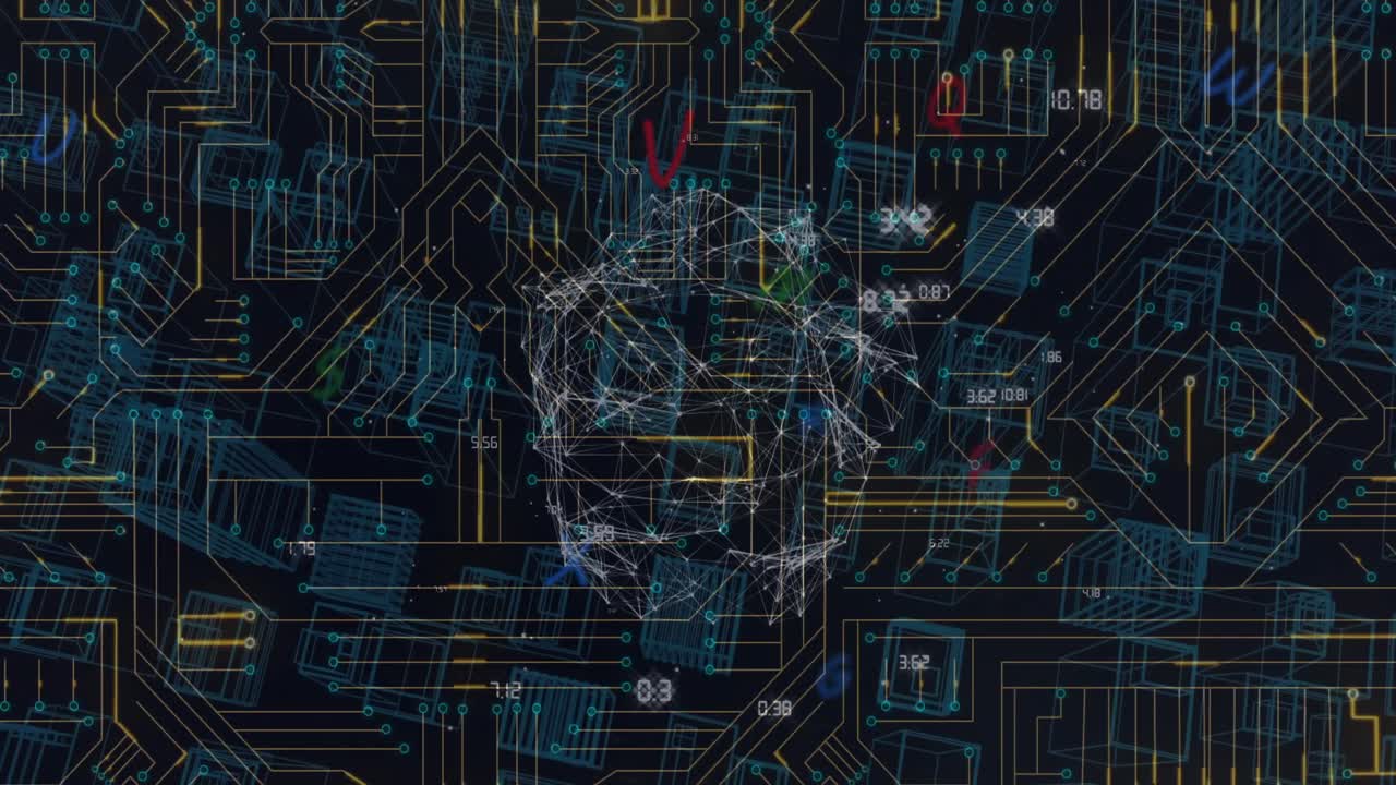 Animation of globe of network of connections and microprocessor connections against black background