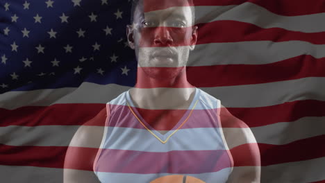 animation of flag of usa over african american male basketball player