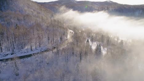 Luftaufnahme-Von-Autos,-Die-Auf-Einer-Winterlichen-Landstraße-In-Einem-Verschneiten-Wald-Fahren,-Der-Mit-Nebel-Und-Bergen-In-Der-Ferne-Bedeckt-Ist