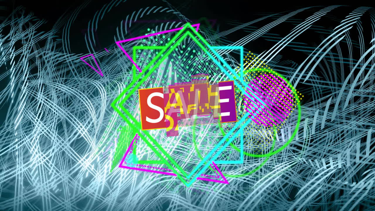 Animation of sale text over moving white shapes