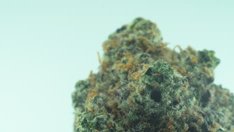 macro primer plano de una marihuana sativa super limón amnesia neblina flores de roca, kush amarillo, verde y púrpura, en un soporte giratorio 360, en un tazón negro brillante, video de cámara lenta 4k