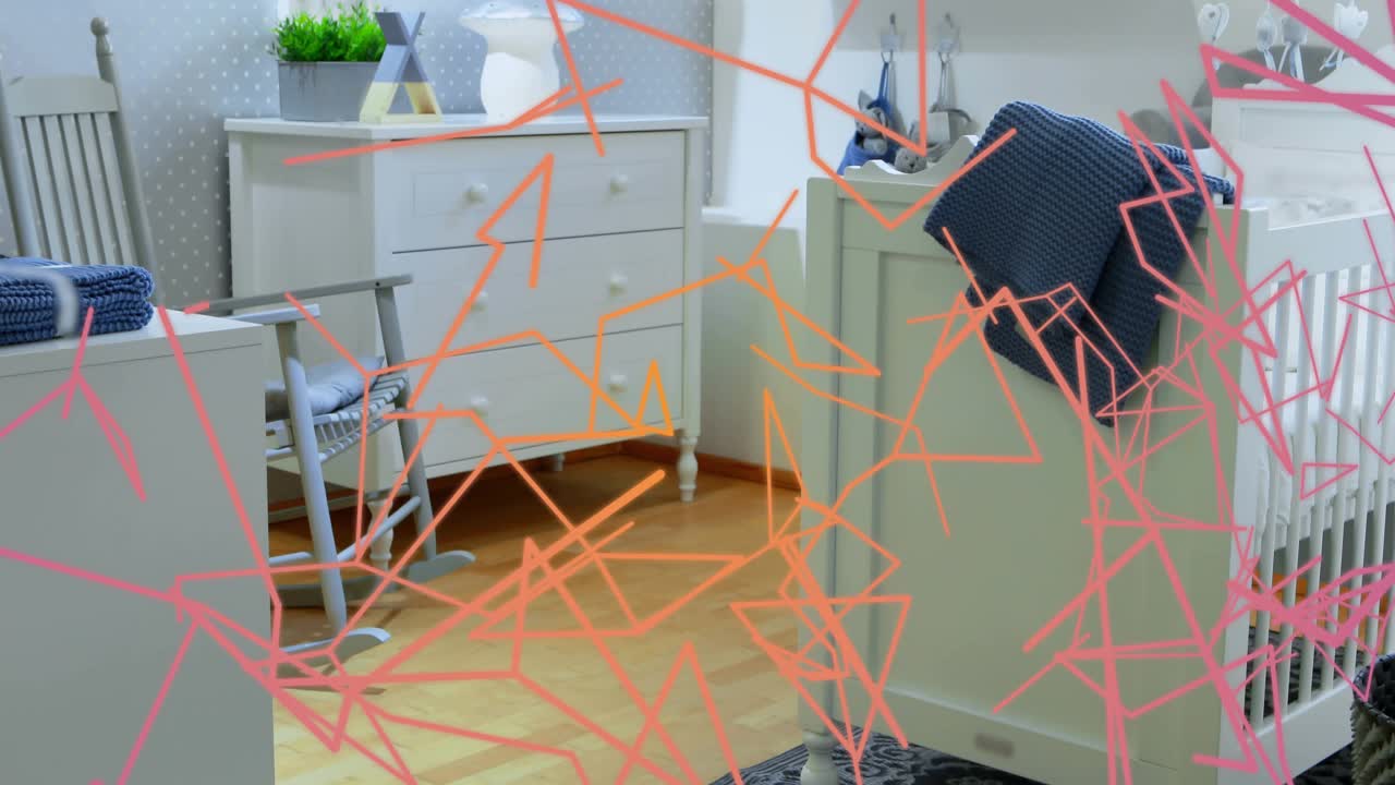 Nursery furniture right-center receiving animated overlay from center, shifting nodes for tech