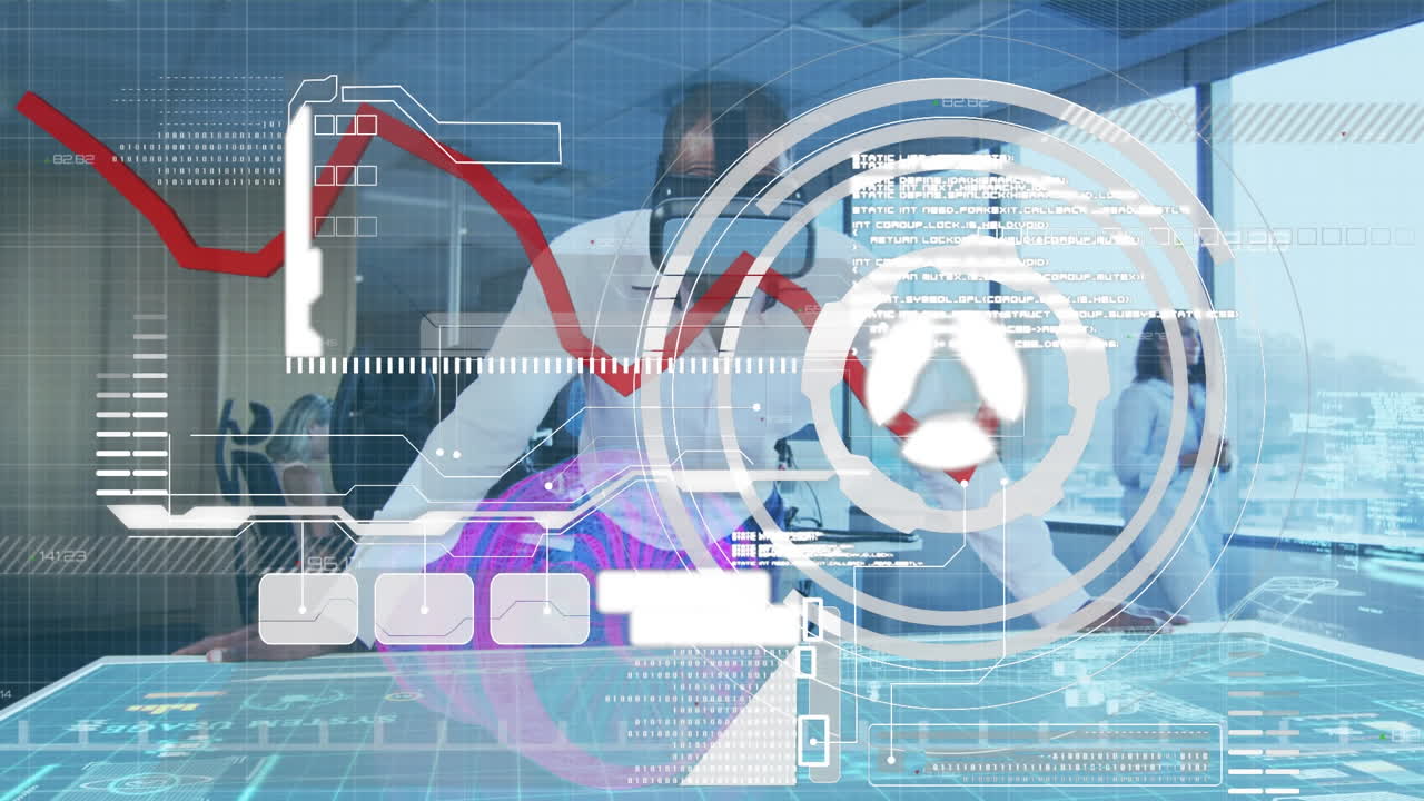 Digital interface with data processing on african american businessman wearing vr headset at office