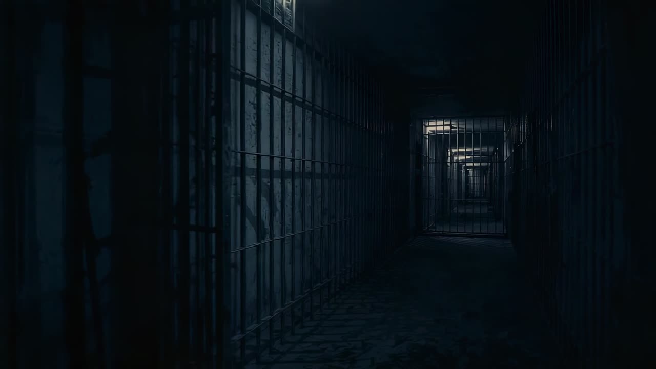 Gliding camera moving forward revealing dim cell block corridor at prison, showing metal bars