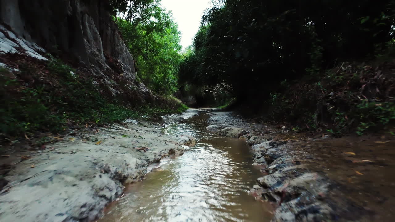 vuelo aéreo bajo sobre el arroyo de las hadas, paisaje exuberante, vietnam