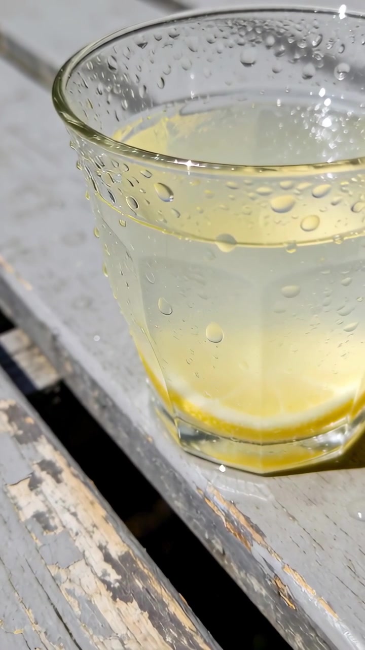Video verticale: mano adulta che spreme mezzo limone su un bicchiere su una panca di legno, aggiungendo succo