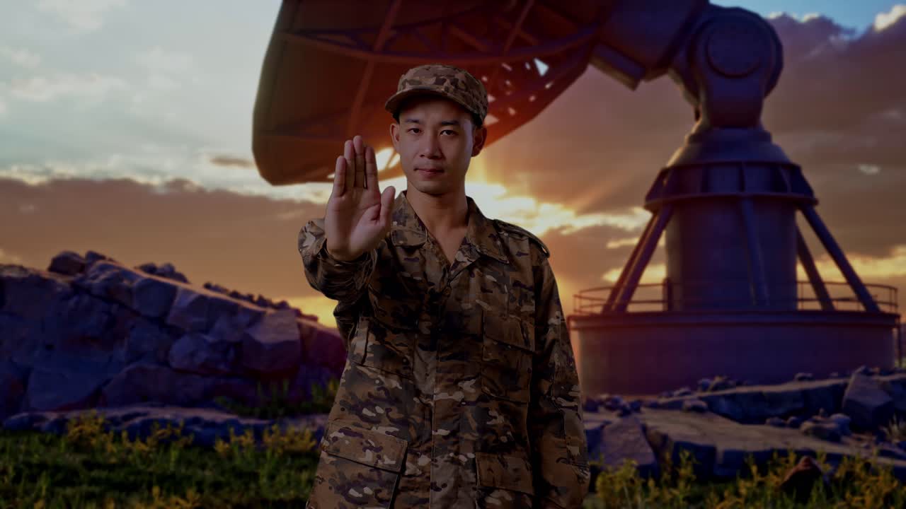 Asian Man Soldier Looking At Camera And Disapproving With No Hand Sign While Standing With Satellite Dish