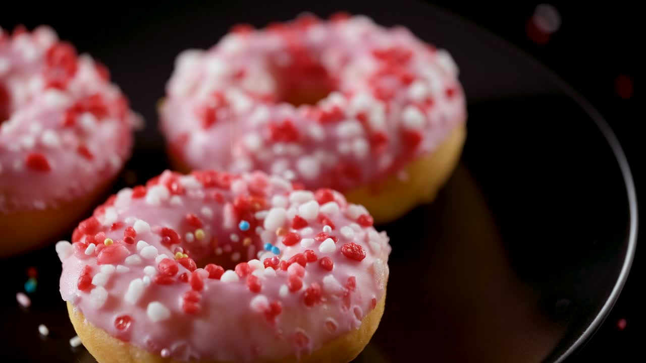las salpicaduras que caen sobre las rosquillas rosadas - disparo deslizante