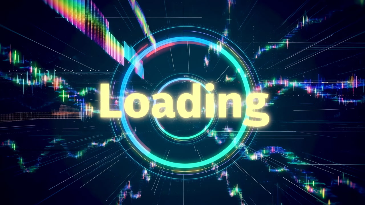 Neon Loading Circle Over Candlestick Charts, Digital Trading Dashboard Pulses With Glitchy Rainbow Streaks,