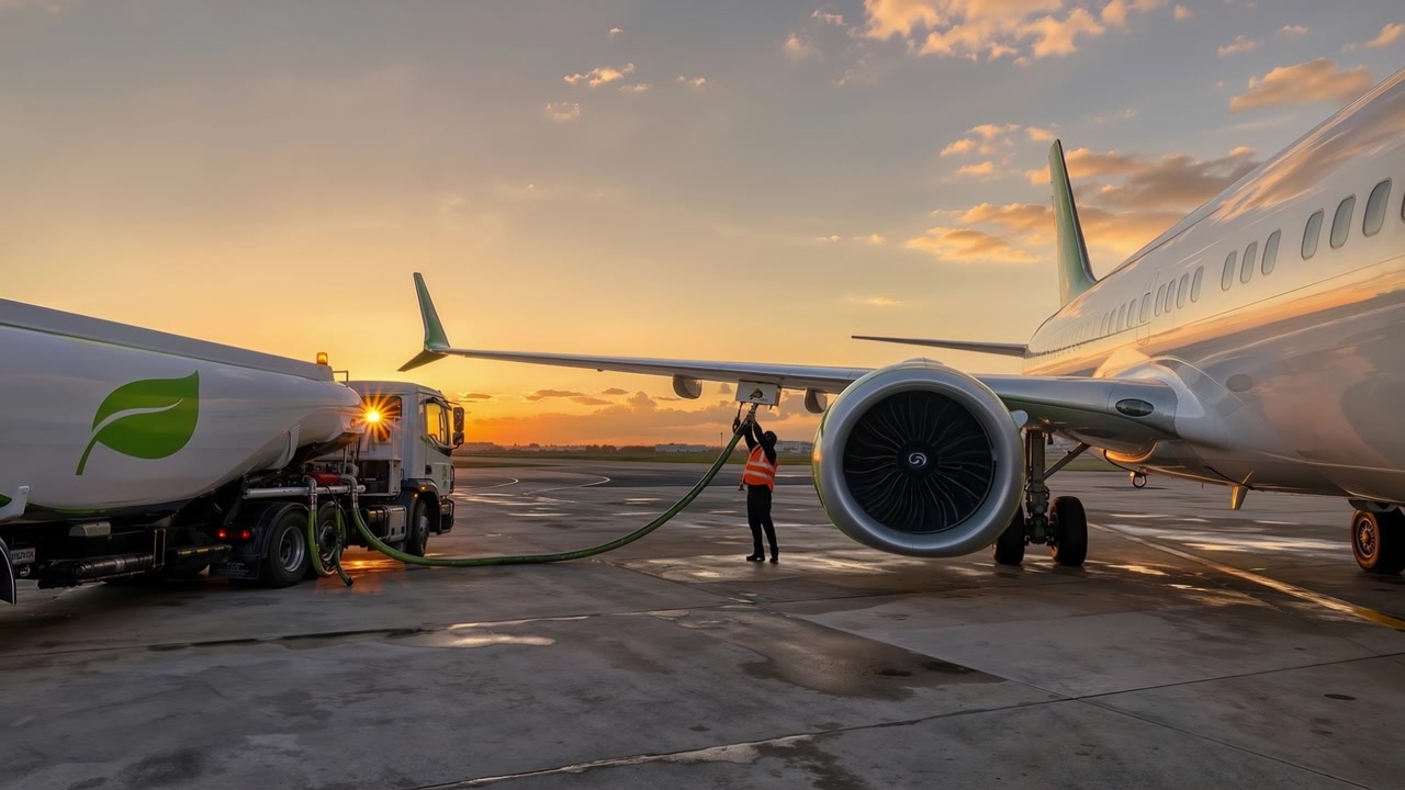 Aereo commerciale che viene rifornito di carburante da un camion cisterna sul piazzale di un aeroporto durante un tramonto dorato
