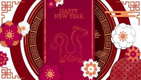 Animation-of-happy-new-year-text-and-dragon-symbol-with-chinese-pattern-background