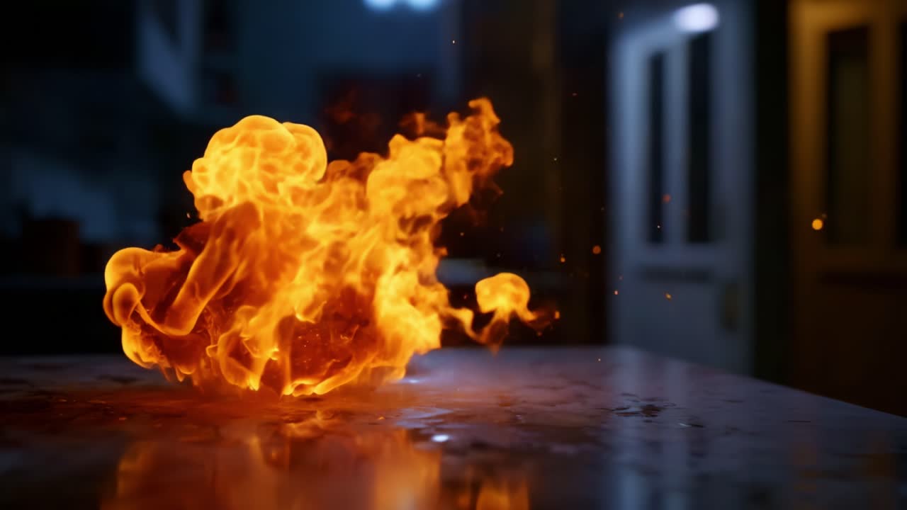 Dynamic Fireball Ignites Atmosphere with Swirling Flames and Sparks, Capturing the Essence of Heat and Motion in a Darkened Room Setting