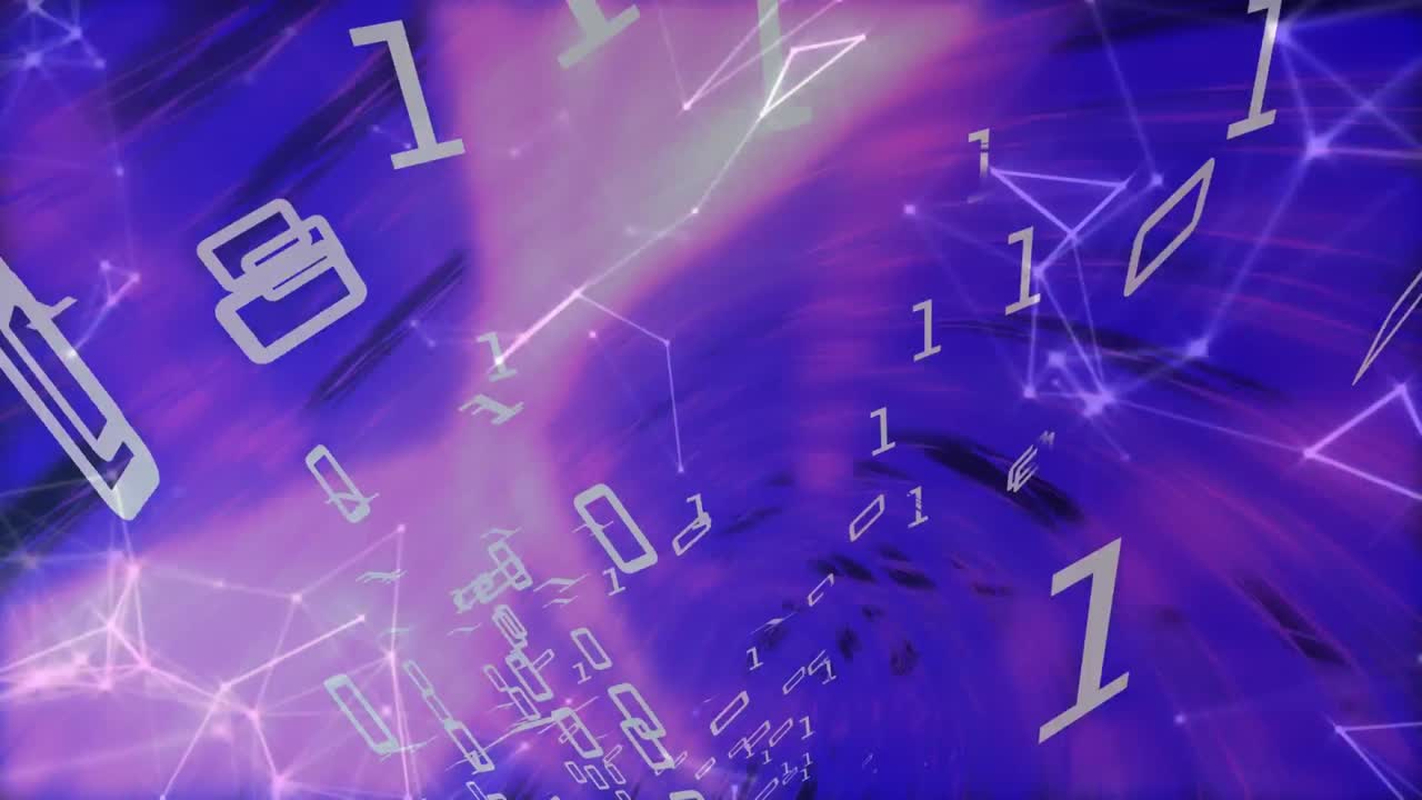 바이너리 코딩, 글로브 및 디지털 아이콘의 애니메이션 컴퓨터를 사용하는 비즈니스 사람들