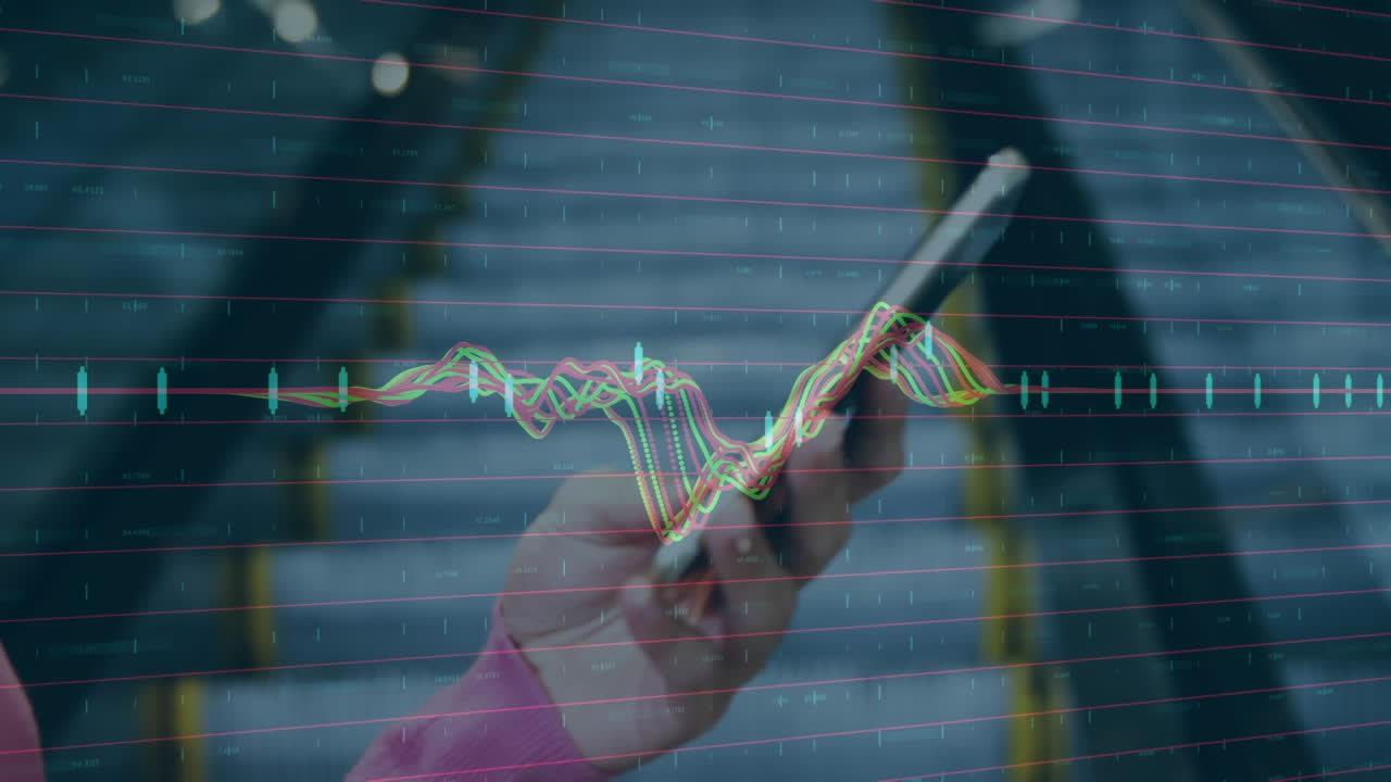 procesamiento de datos del mercado financiero sobre un primer plano de una mujer que usa un teléfono inteligente cerca de una escalera mecánica